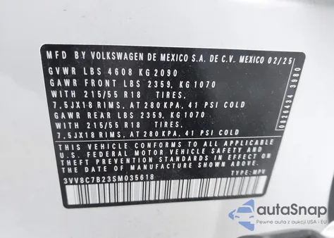 2025 Volkswagen Taos 1.5T S from USA, damaged, VIN 3VV8C7B23SM035618